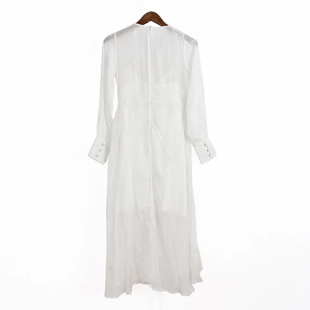 2021 Jesień Spadek Długie Rękawy V Neck White Dress Floral Print Haft Przyciski Single-Breasted Women Fashion Mid-Calf Dresses G127026