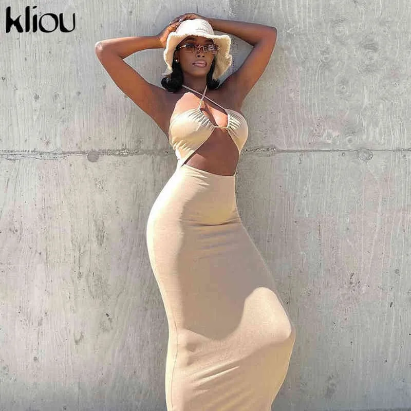 Kliou Solid Vintage Maxi Jurk Bodycon Halter Bandage Clevage Holle Kleding Hipster Sexy Midnight Party Streetwear Hot Y1204