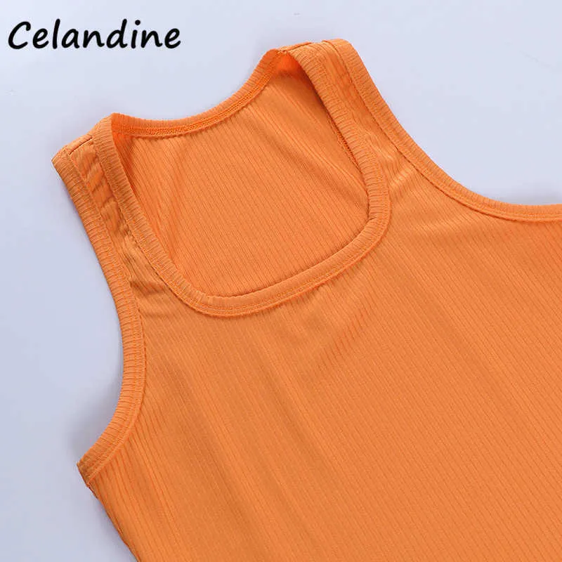 Celandine Fashion Summer Casual Orange Kvinnor 2021 Y2K Skinny Tank Tops Off Shoulder Club Sexy Basic Stickad Beskuren T-shirt Toppar Y0622