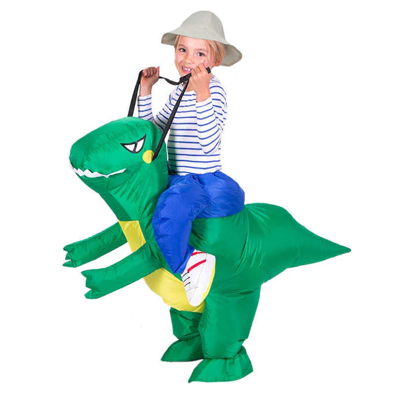 2021 Nowa jazda na dinozaur dla dzieci Dorosłych dzieci Fantazyjny Dress Green Cute Dino Blow Up Suits Q0910