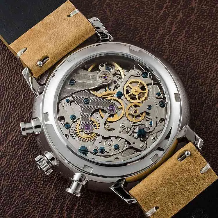 Deutschland Bauhaus-Stil mechanische Chronographenuhr Edelstahl Vintage einfache Armbanduhr287F