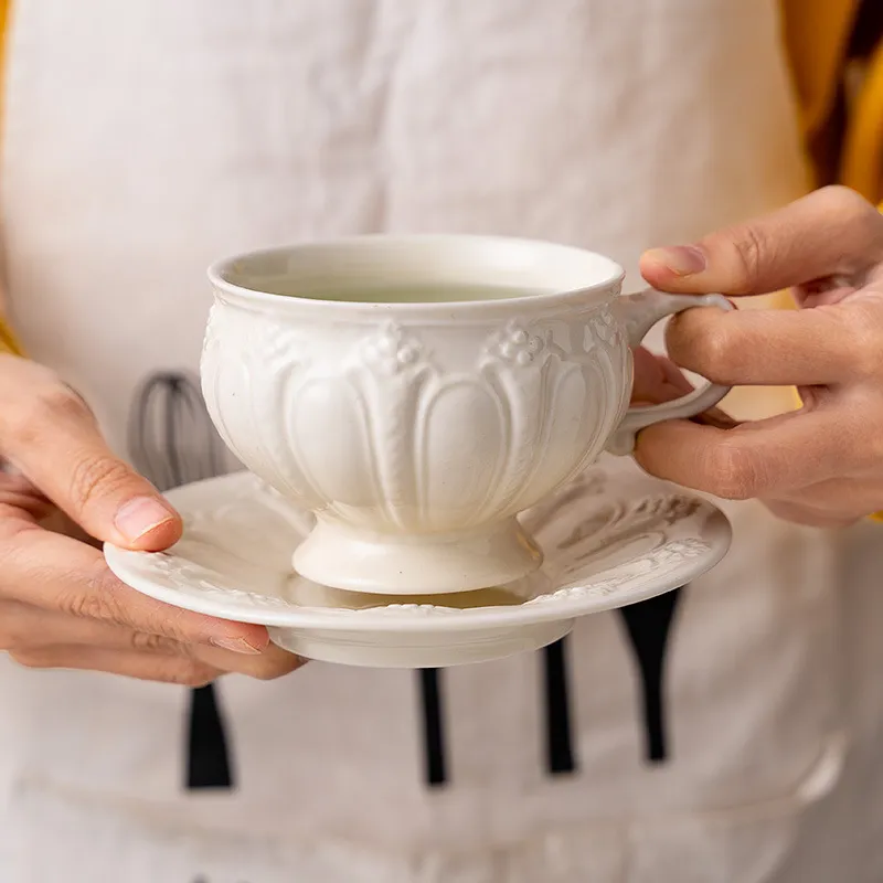 Milky Embossed Ceramic Pot Coffee Cup Saucer Creative European Afternoon Tea Teapot Teacup Simple White Porcelain246B