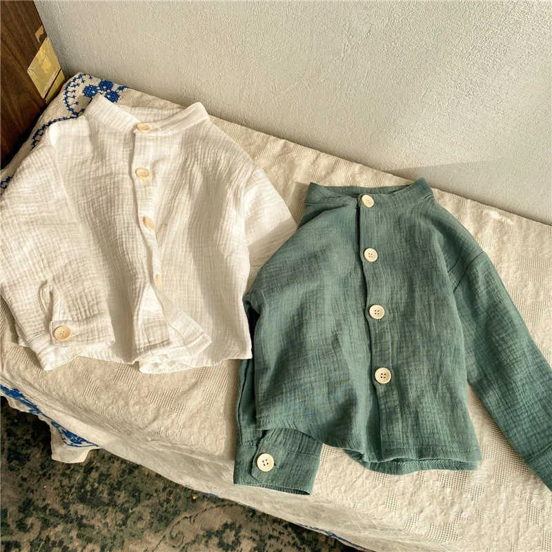 春の男の子のソリッドカラーシャツ韓国風赤ちゃん女の子コットンリネン長袖子供トップス服210615