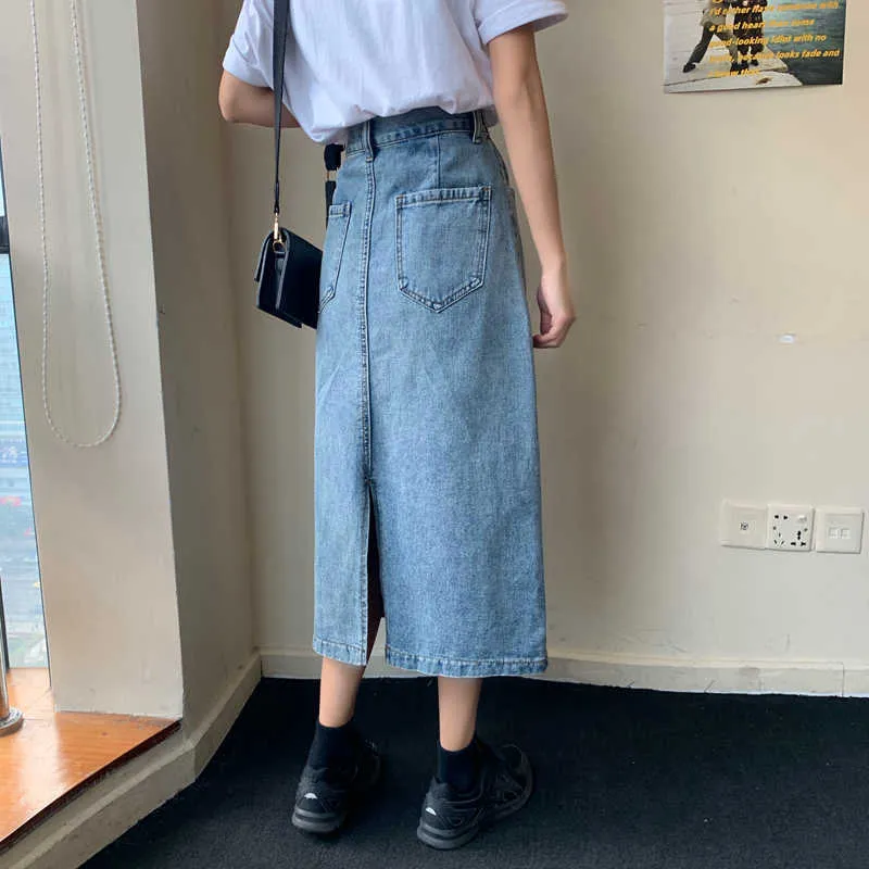 Luck A Retro Long Summer Denim Skirts Girls High Waist Button Pockets Split Jeans Straight Plus Size Maxi 210629