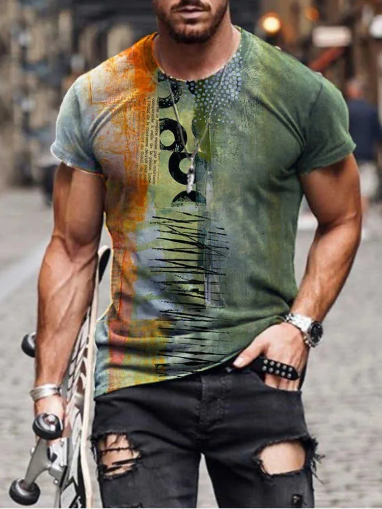 Abstrakte gedruckte lässige Tops Männer Mode Sommer schlanke kurze Ärmel Rundhals T-Shirts Plus Größe 210706