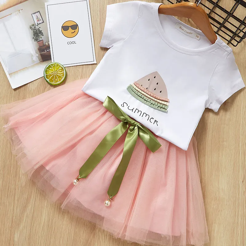 Melario 2-7 anni Set di abbigliamento ragazze Summer Cute Princess Girl Cartoon T-Shirt + Abito in garza 2 pezzi Set Abbigliamento bambini 210412