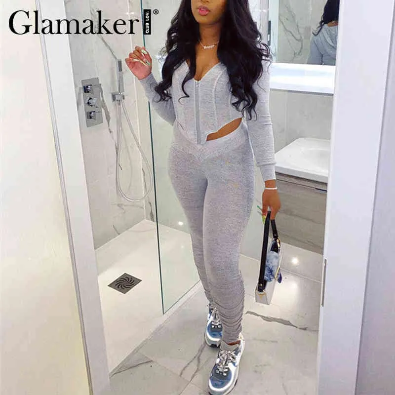 Glamaker Set da due pezzi fitness a manica lunga da donna autunno sexy crop top e pantalone completo da donna streetwear club outfit 210412