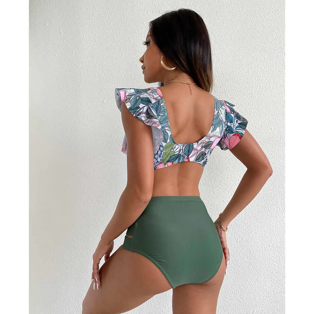 Costumi da bagno bikini a vita alta con volant Costumi da bagno donna Stampa Costume da bagno sexy Bikini push up Costumi da bagno taglie forti Abbigliamento da spiaggia floreale 210624