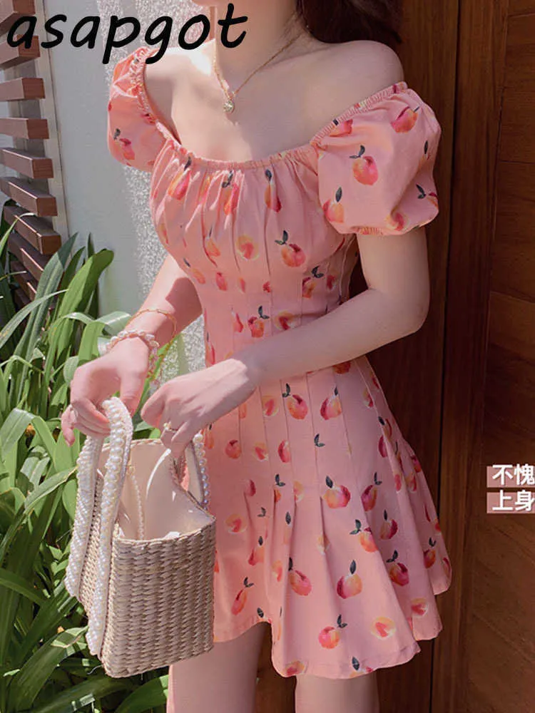 2 Style Korean Chic Sweet Girls Plus Size Square Neck Floral Dress Women Peach Pink Summer Temperament Waist Slim Mini Vestidos 210610