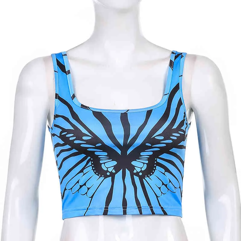 Papillon imprimé Y2K Crop Top Tank pour filles Vêtements d'été Femmes Chic Tee Casual Chemise bleue Gilet Pulls Streetwear 210510