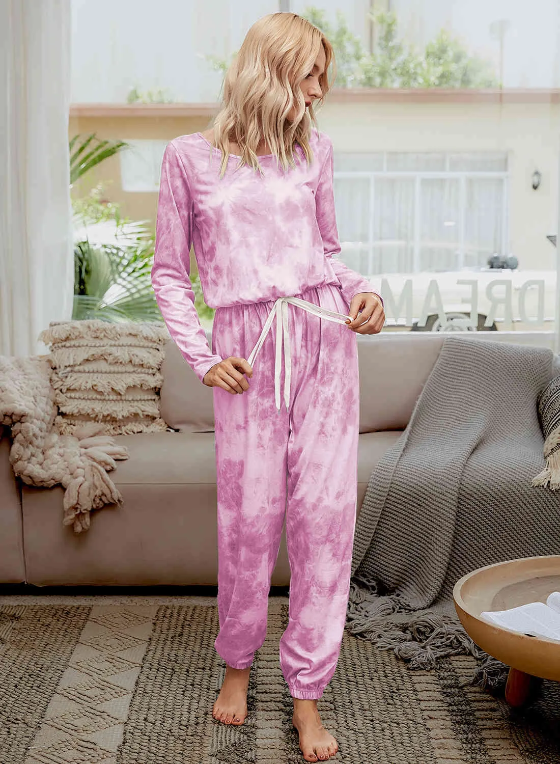 Bedruckter Tie-Dye-Pyjama-Overall für Damen, Herbst und Winter, langärmelige Hose, modisch, locker und bequem, Rundhalsausschnitt 210522