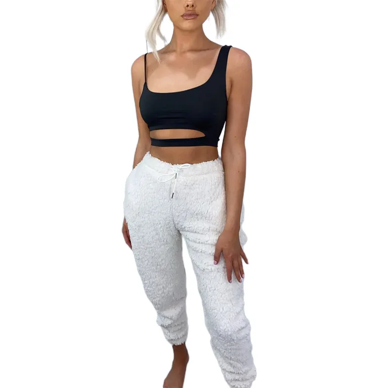 Femmes Cheville Longueur Pyjama Pantalon Couleur Unie Poche Décoré Cordon Taille Naturelle Polaire Chaud 210522