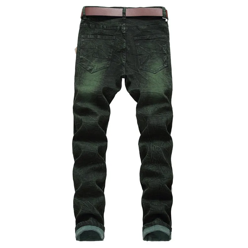 Jeans da motociclista hip-hop verde da uomo Destroyed Fry Snowflakes Pantaloni slim fit in denim Elastico Streetwear, 6671