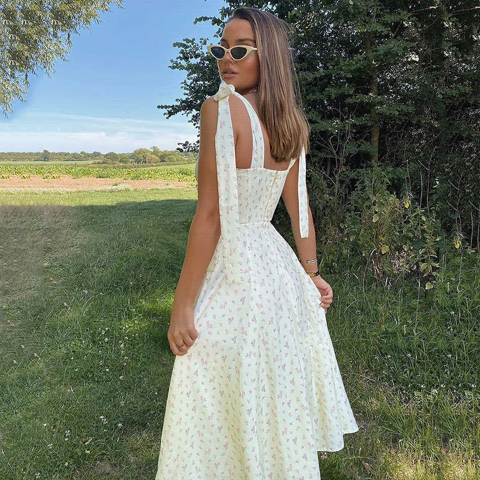 Women Summer Floral Print Midi Dress Bohemian Hippie Beach Ladies Bow Lace-Up Casual Vacation Clothing Female Vestidos 210527