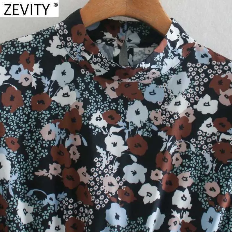 Zevity Women Vintage Stand Collar Floral Print Lace Up Kneeth Klänning Kontor Långärmad Vestido Casual Slim Dresses DS4789 210603