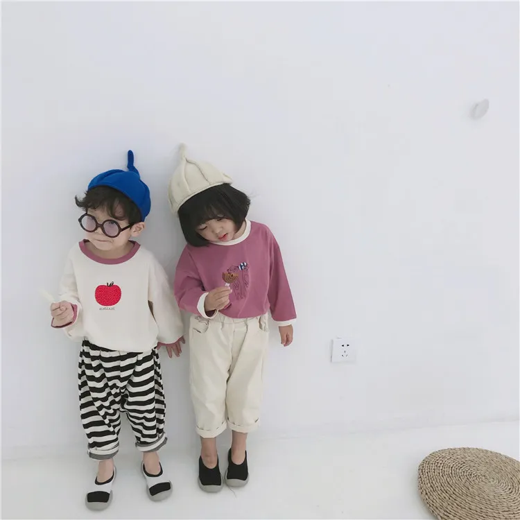 Stile coreano Autunno bambini cartone animato stampato manica lunga T-shirt neonati e ragazze moda cotone Tees 1-6 anni abbigliamento bambini 210508