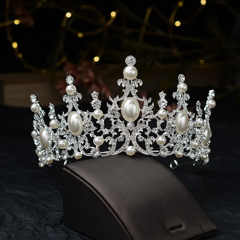 Barokke luxe verzilverde Crystal Pearls Bridal Tiaras Crown Pageant Diadeem CZ Hoofdbanden Bruiloft Haaraccessoires 220222234F