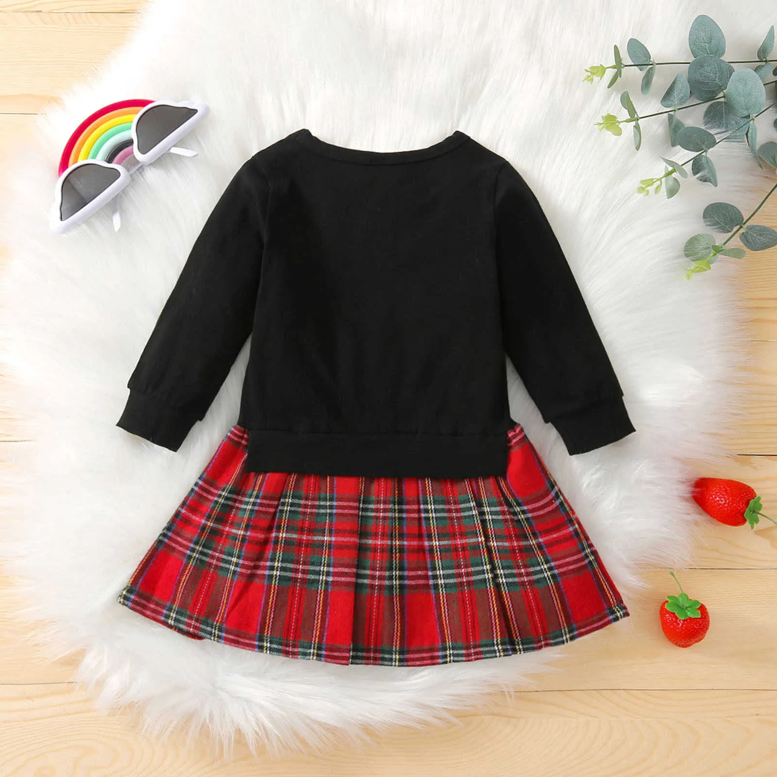 Xmas Neonata Vestito da ragazza Inverno Manica lunga Cartone animato Coniglio Patchwork Plaid Stampato Abito da principessa Costume natalizio Vestido G1026