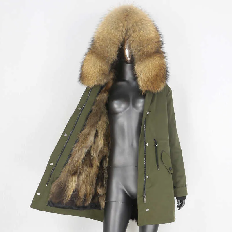 CXFS本物の毛皮のコート冬のジャケットの女性の長いパーカー防水ナチュラルアライグマの毛皮の襟フード厚い暖かい毛皮のライナー211019