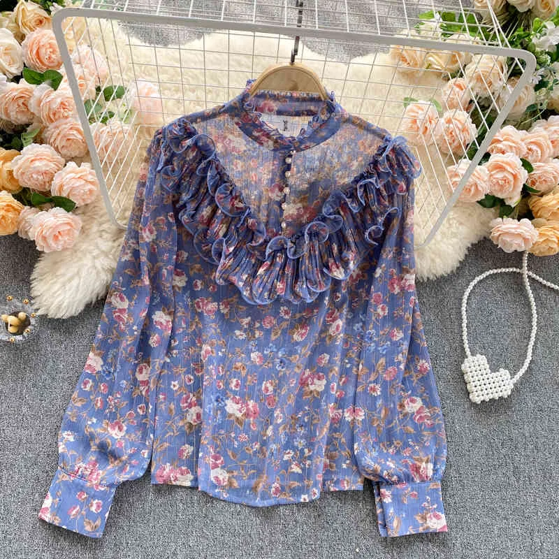 Spring Autumn Chiffon Shirt Pleated Ruffled Slimming Temperament Small Stand-up Collar Puff Sleeve Retro Floral Blouse UK879 210506