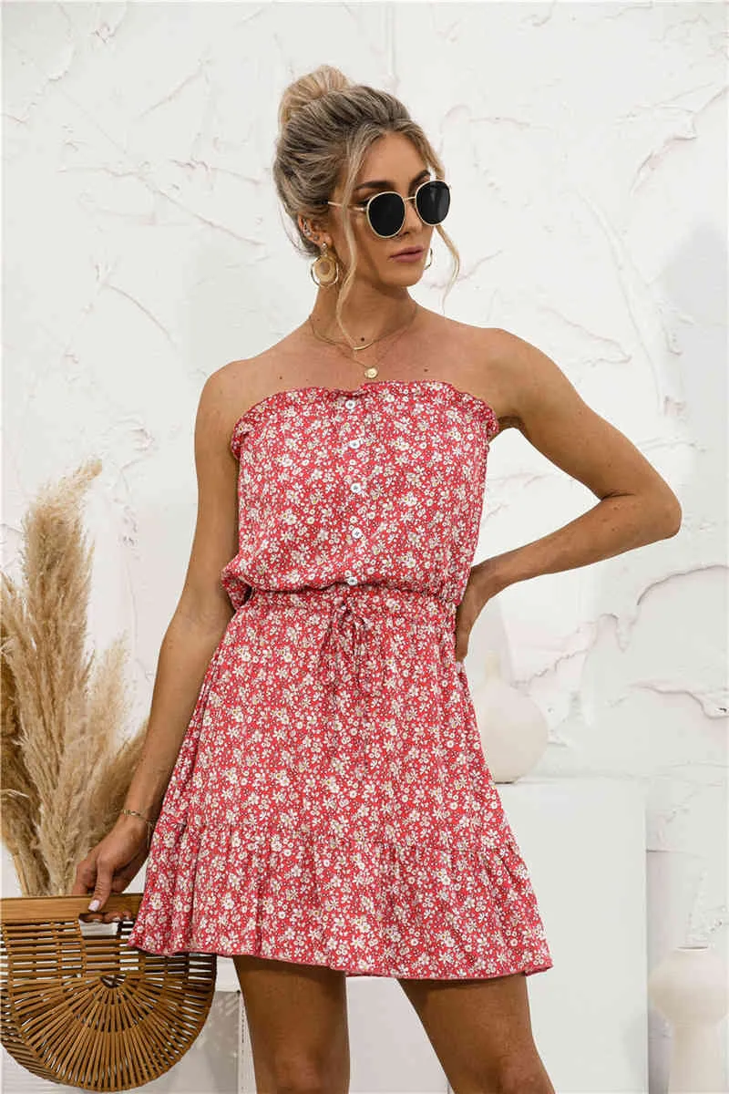 2021 Summer Sukienka Kobiety Sundress Beach Style Casual Boho Mini Dress Sexy Bez Ramiączek Beckless Floral Print A-Line Sukienka Vestidos X0521