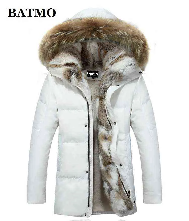 バットモ到着冬のウサギの毛皮の襟80％ホワイトアヒルダウンフード付きジャケット男性、プラスサイズS-5XL 211104