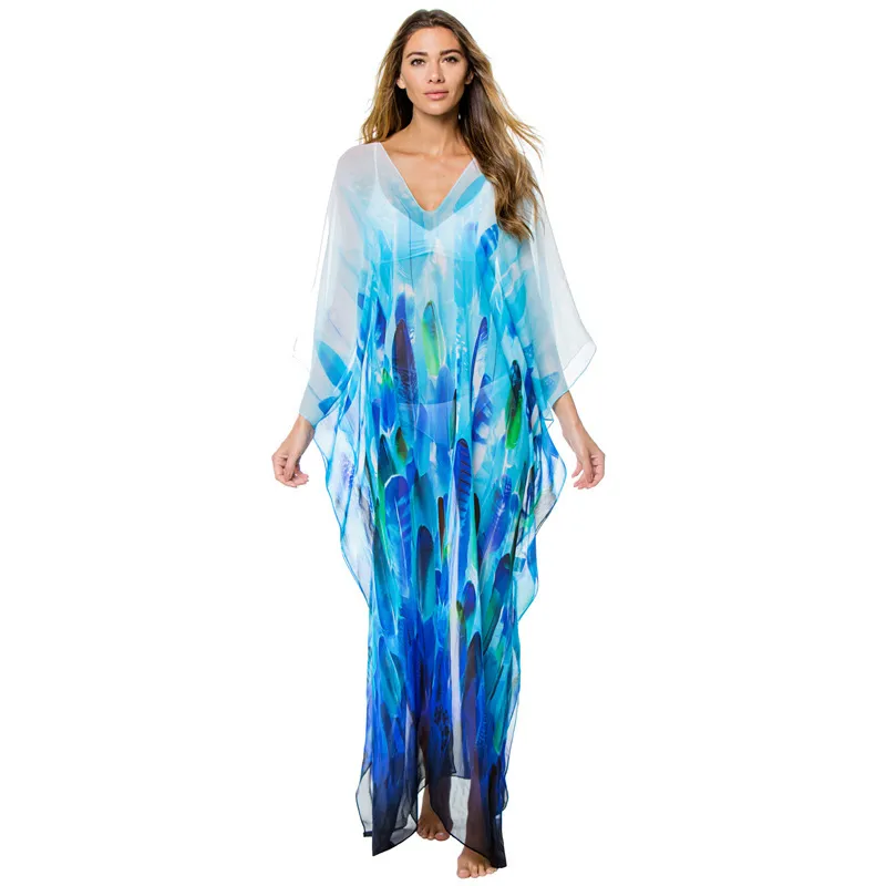 Chiffon Long Beach Cover Up Frauen Kleider Robe de Plage Vestidos Playa Bikini Cover Pareos Mujer Beachwear # Q842 210420