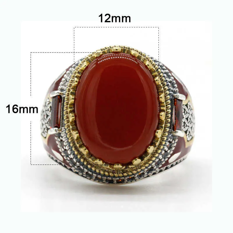 Turkey Jewelry Men Ring with Red Natural Agate Stone 925 Sterling Silver Vintage King Crown CZ Enamel Rings for Women Male Gift 213554495