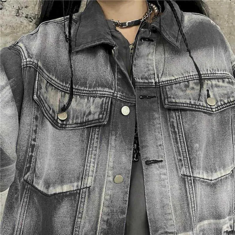 Джинсовая куртка женская осень ретро дымчатый серый промытый джинсовой сыпучий повседневный студент Хараджуку личность 210526