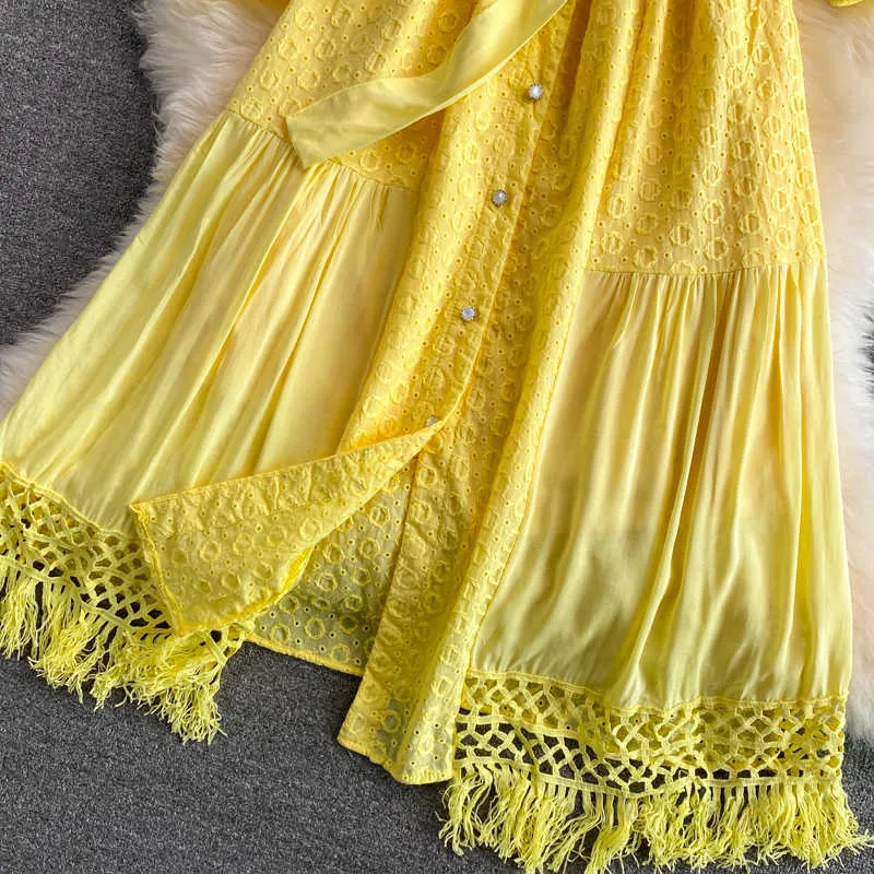 Noir/jaune/blanc évider gland Robe de soirée femmes élégant col en v simple boutonnage Patchwork Vestidos décontracté femme Robe 2021 Y0603