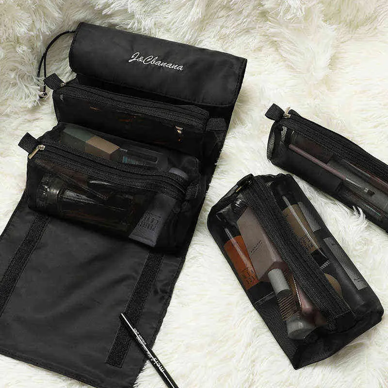 in 1 Cosmetic Bag For Women Zipper Mesh Separable Cosmetics Pouch Ladies Foldable Nylon Rope Makeup Kosmetyczka 220125283j
