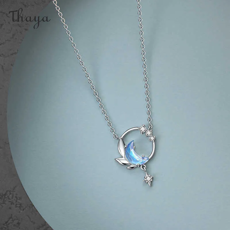 Thaya Real 925 Srebrny szyja 45 cm Naszyjnik półksiężyca wisiorek cyrkonu jasnoniebieski dla kobiet elegancki prezent biżuterii 210621268U