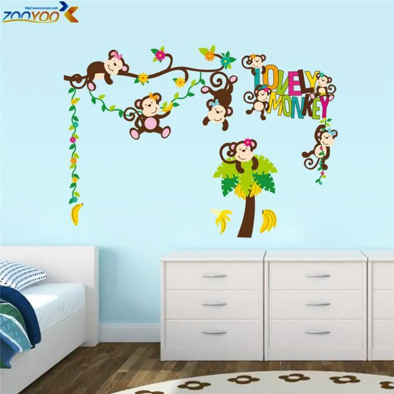 Lovey Monkey Tree Wall Sticker ZooYoo 1217 Décorations de chambre de bébé Stickers de dessins animés Stickers muraux pour enfants Décoration de la maison DIY Art mural 5.0 210420