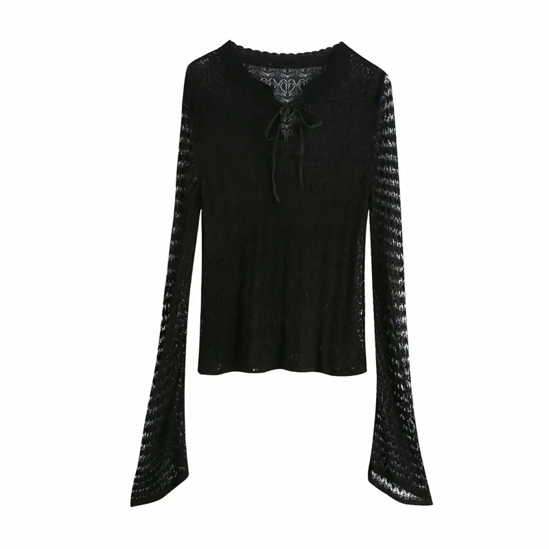 Blouse Cutout Jacquaed Semi-sheer Open-Knitted Vintage O-neck Drawstring Long Flared Sleeves Female Chic Sexy Top 210519