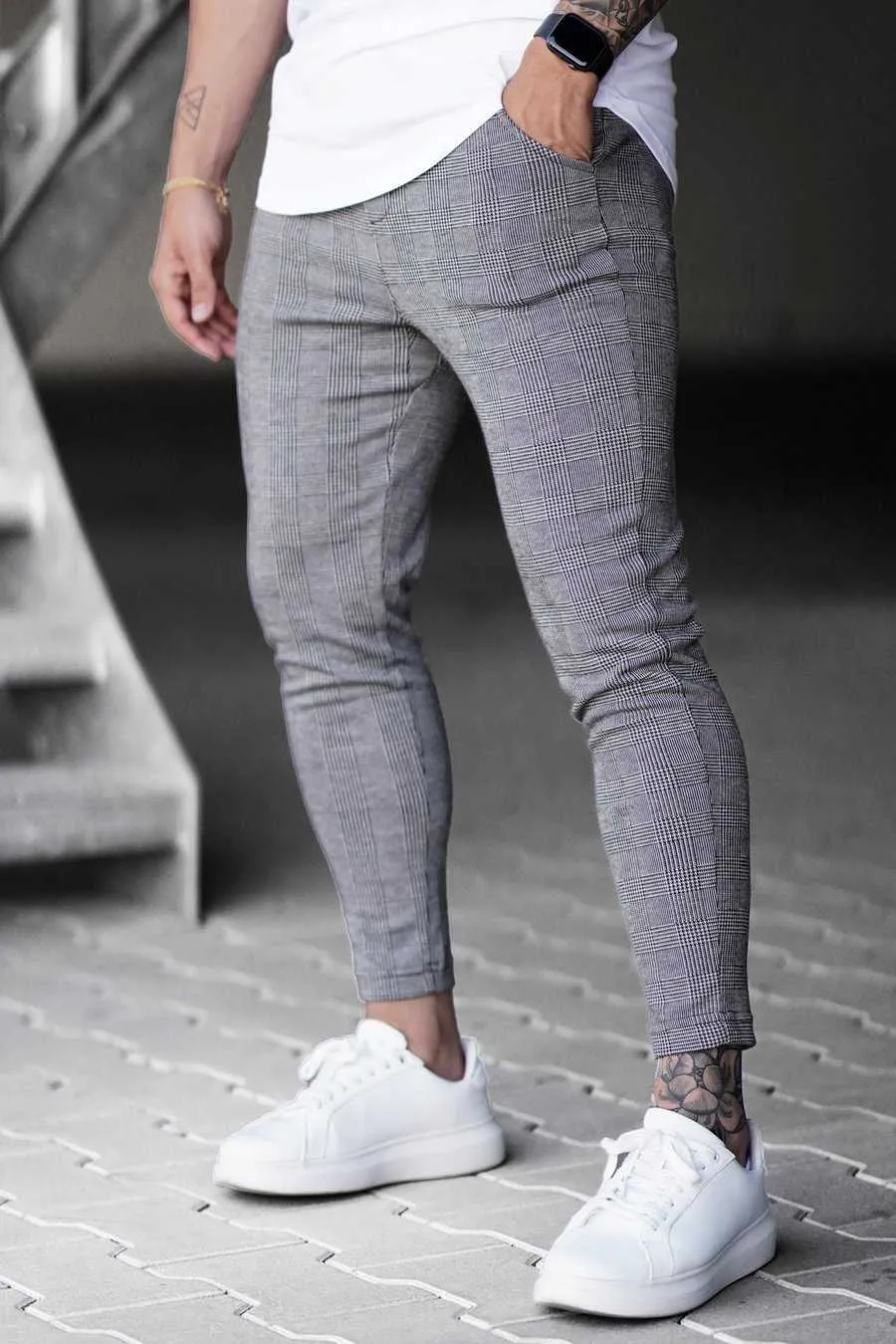 Höst 2020 Casual Ankellängd Plaidbyxor Mäns byxor Fashions Streetwear Jogger Män Sweatpants Slim Fit Checkered Byxor X0615