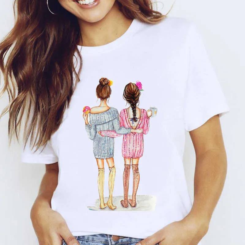 Vrouwen grafisch koffie zoet meisje cartoon korte mouw lente zomer dame kleding tops kleding tees print vrouwelijke t-shirt T-shirt x0527