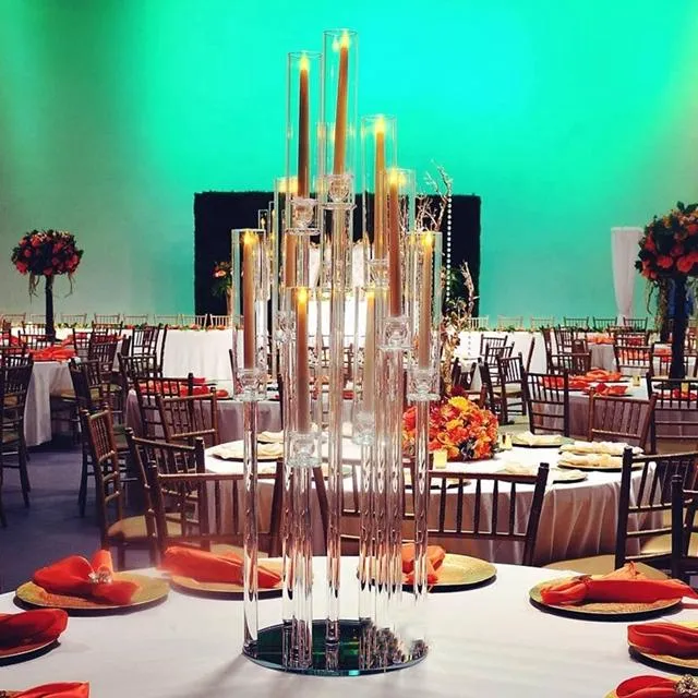 Decoração de festa inteira 10 braços longos haste moderna tubo acrílico transparente furacão cristal castiçais mesa de casamento centerpie3002