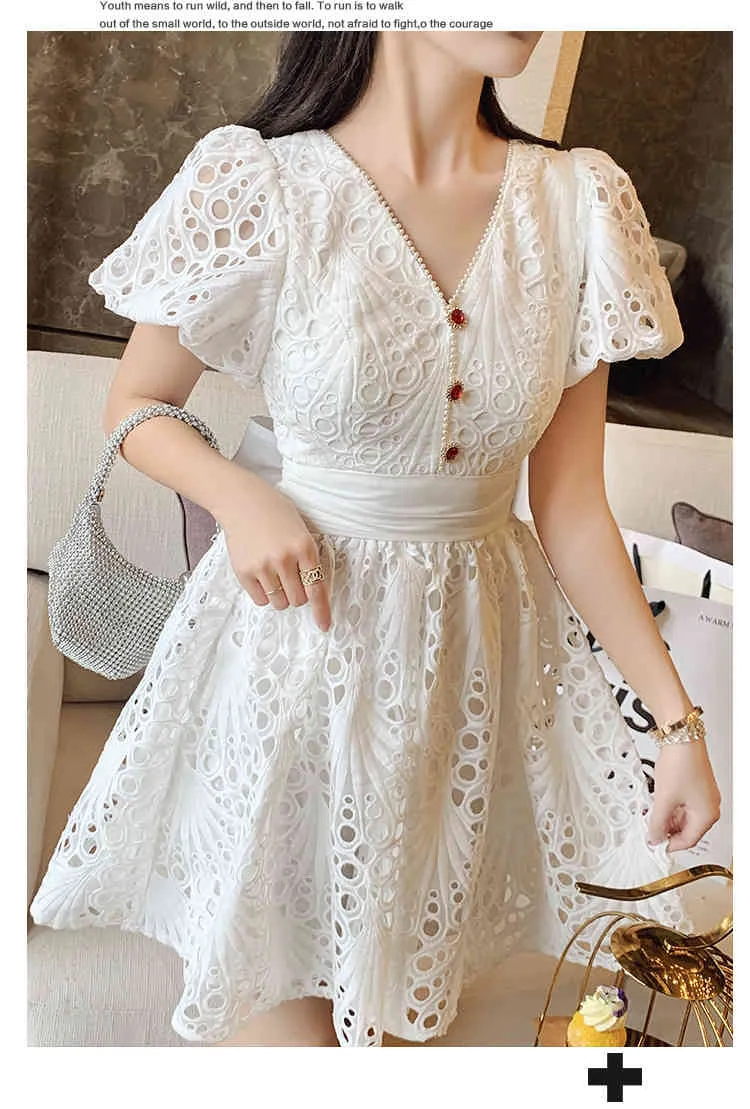 Weiße Spitze aushöhlen Damenkleid V-Ausschnitt Hohe Taille Puffärmel Vestidos Sommer Damen Elegantes Vintage-Kleid weiblich 210518