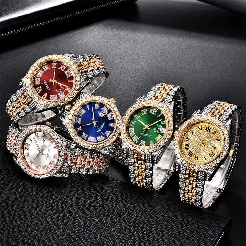 Hip Hop AAA Diamond Horloge Heren Luxe Merk Goud Analoog Quartz Movt Unieke Iced Out Man Relogio Masculino 210728294h