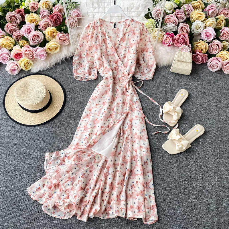 Bohemian Floral Chiffon Kleid Frauen Sommer Böhmischen Blumen Drucken Urlaub Strand Midi Kleider Elegante Vestido 2020 Neue Robe Mujer Y0603