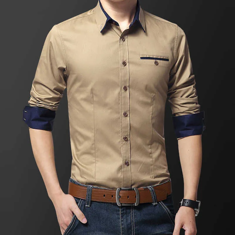 Fashion Handsome Regular Fit Casual Men Long Sleeve Shirt Design Good Fabric Soft Comfortable White Khaki Pink Dress Shirts 210721