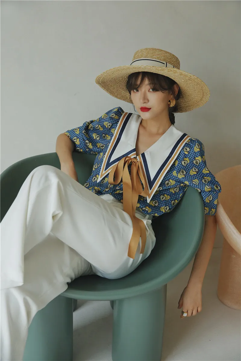 Винтажная блузка лето топ голубой воротник рубашка женщины свободный большой дизайнер дамы галстук корейский мода 210427
