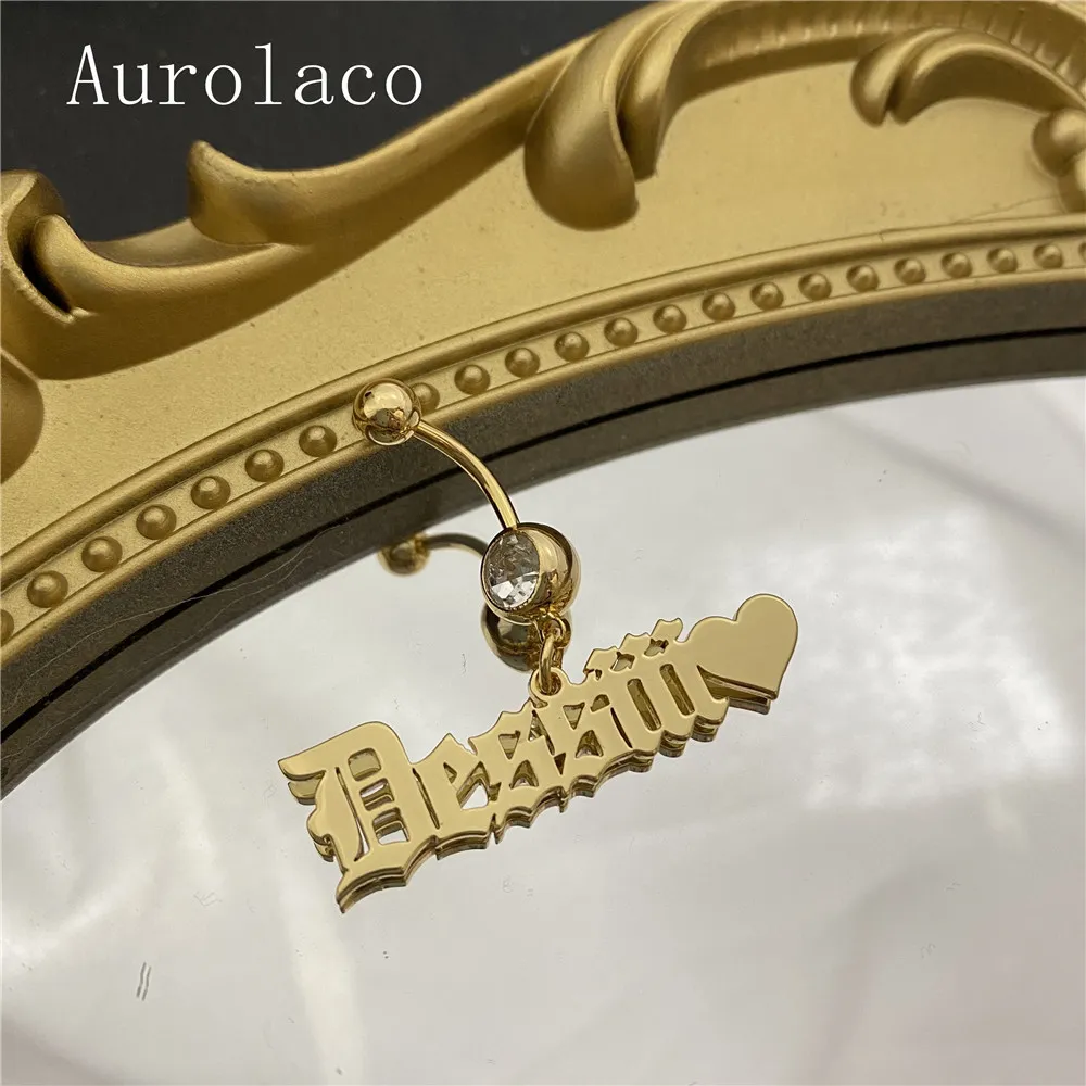 Aurolaco Fashion Name Stainless Steel Custom Body Smycken Zircon Belly Ring Gold Color Gift för Kvinnor