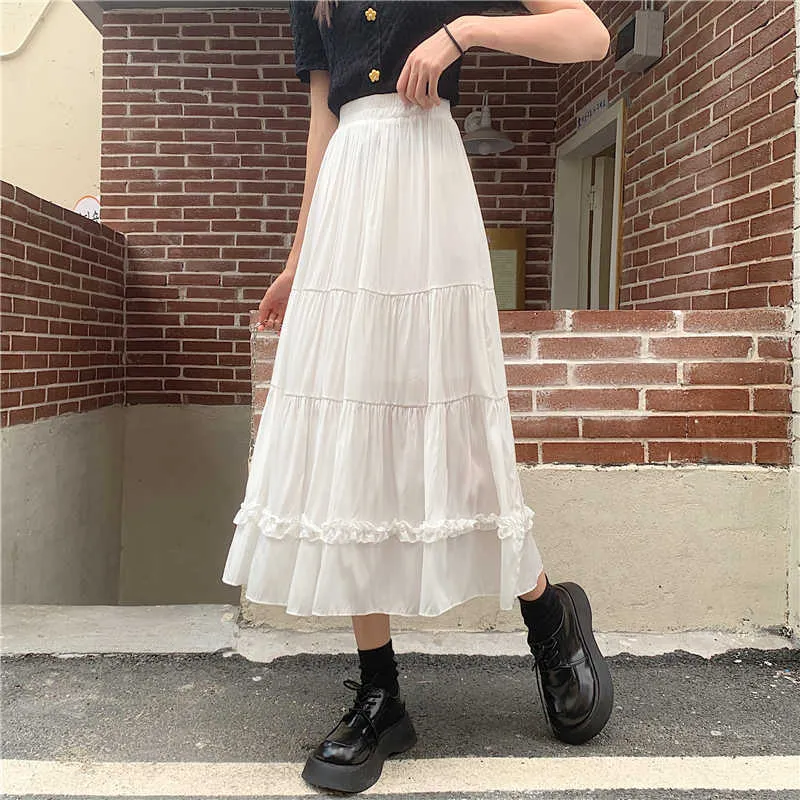 Weiße Rüschen Sommer Süße Kuchen Layered Mesh Midi Röcke Frauen Elastische Hohe Taille Chiffon Tiered Tüll Plissee Ins Rock Tutu 210529