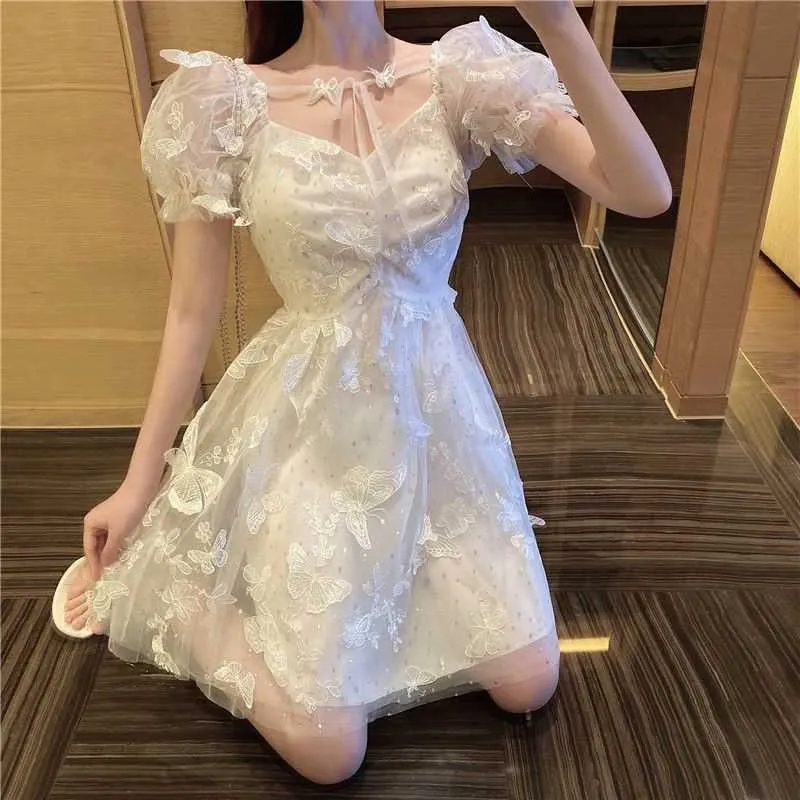Sweet Puff Sleeve Fairy Dres Vit Mini Elegant Sommar Kvinna Sexig Mesh Japansk Koreansk Designer Kläder 210604