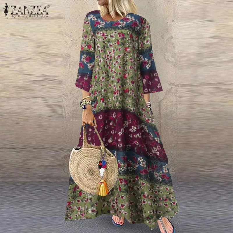 ZANZEA Vestido de primavera Tallas grandes Mujeres 3/4 Manga Bohemio Estampado floral Vestidos de fiesta de algodón Vestidos de verano Vestidos Túnica femenina X0521