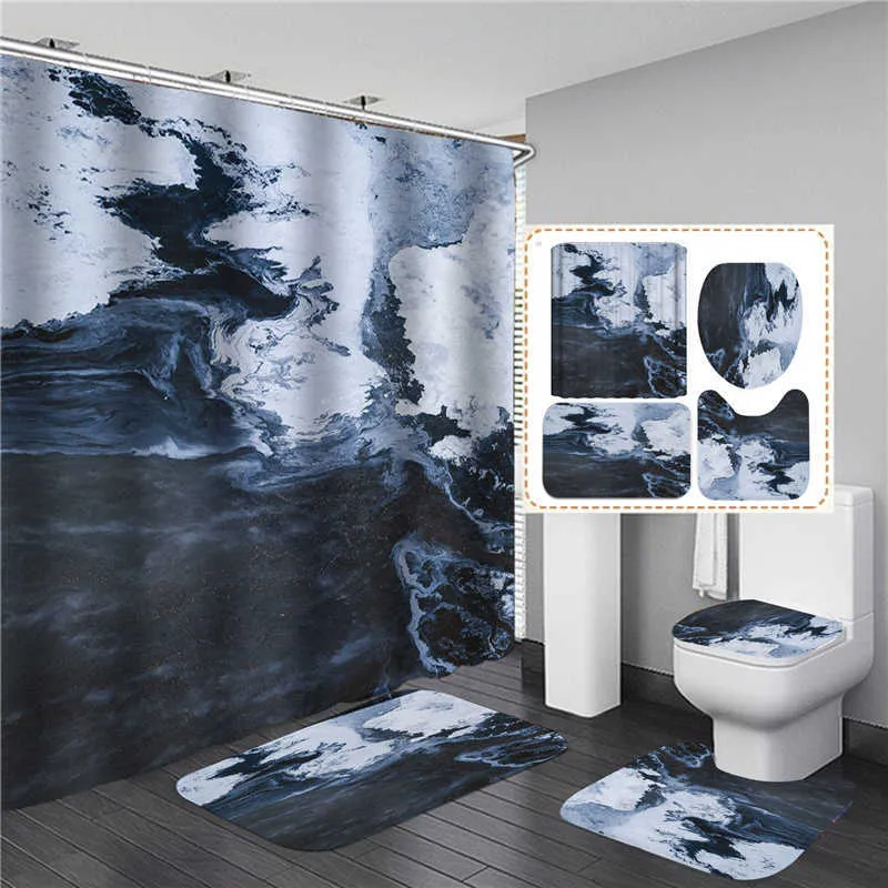 3d tryck elegant oljemålning dusch gardin vattentäta gardiner i badrummet med krok uppsättning mjuka badmatta toalett mattor 210715