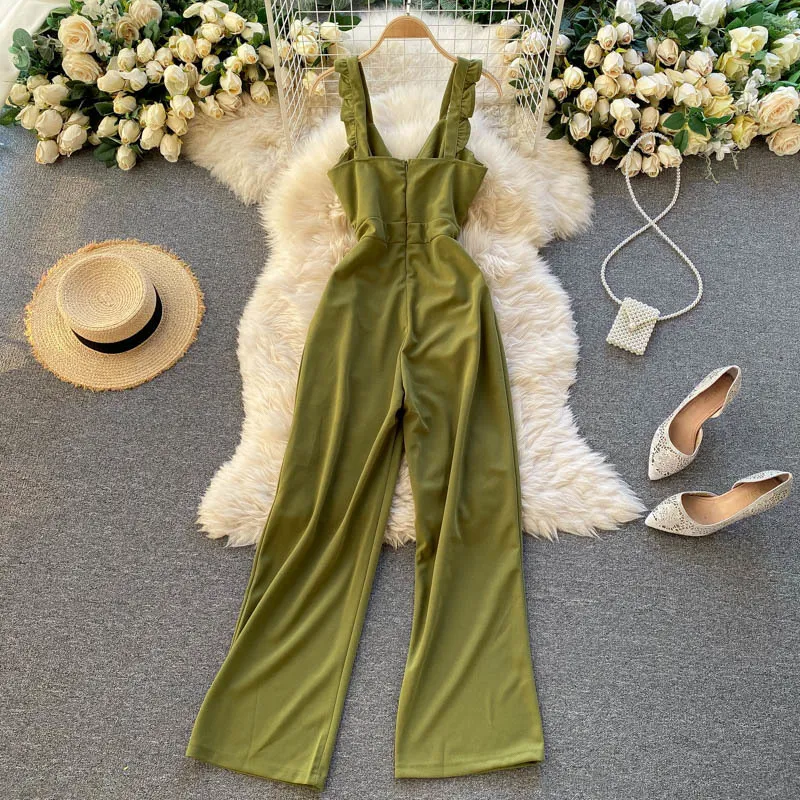 Koreas Vintage Ruffles Jumpsuit Kvinnors V-hals Sling Folds Slim High Waist Wide-Ben One Piece Womens Clothing Romper 210420