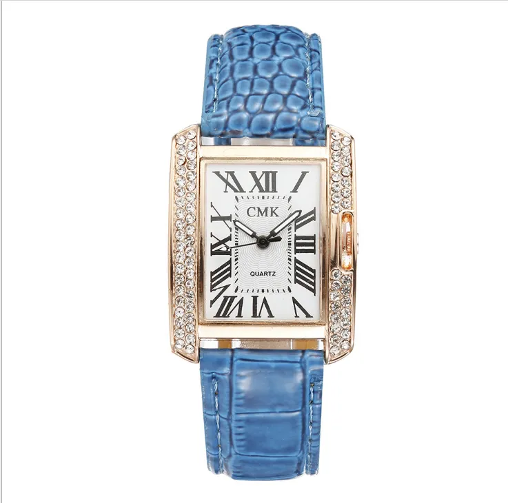 Cadran carré éblouissant entier tempérament atmosphère femmes montres numéro romain diamant lunette quartz femme montre bracelet en cuir 299q