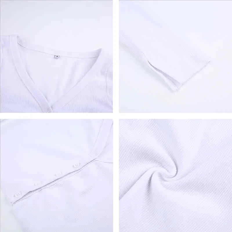 Sexy scollo a V monopetto in cotone lavorato a maglia con bottoni Slim T-shirt bianca Donna Autunno Streetwear manica lunga Crop Top 210510